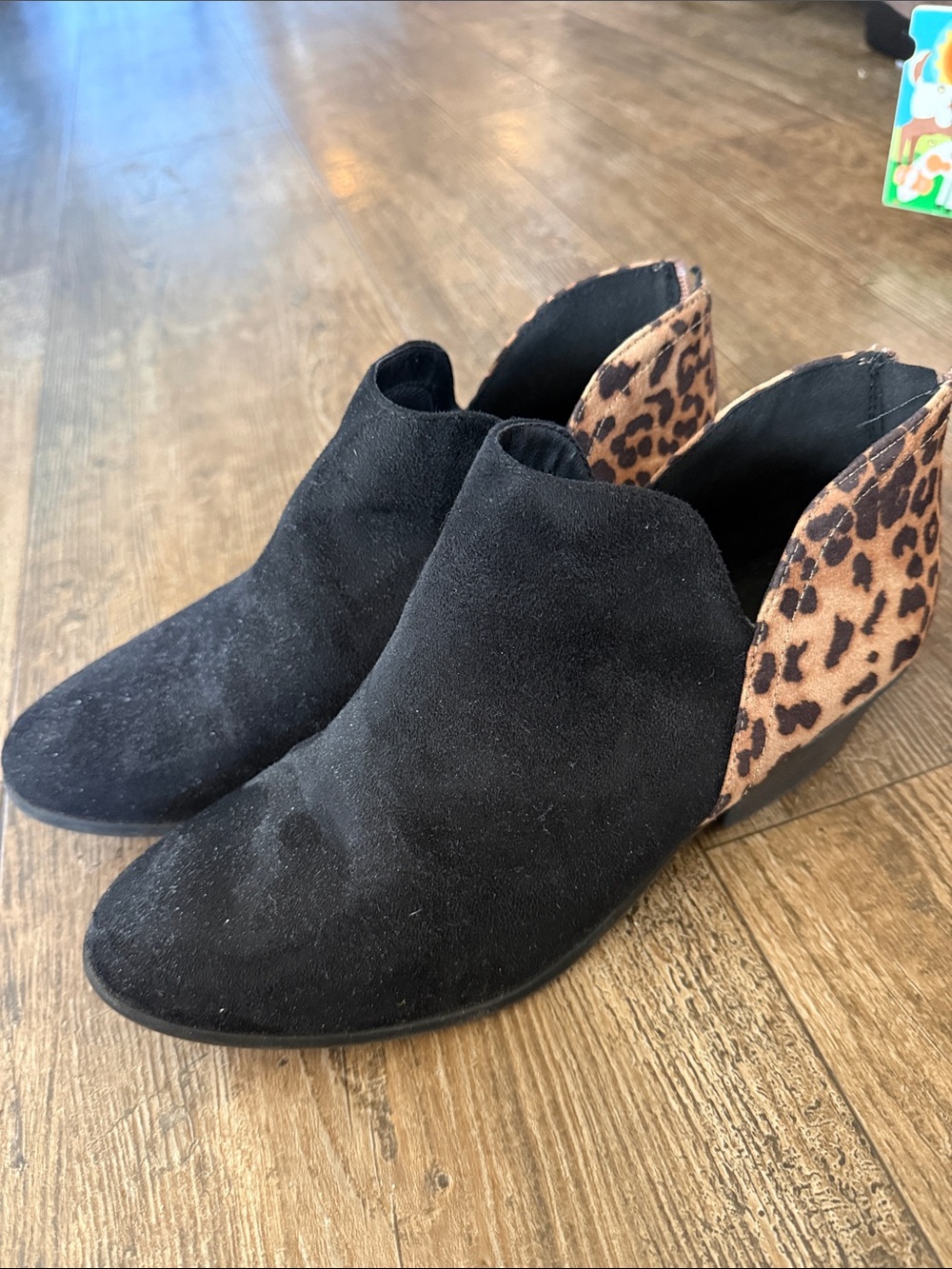Soda Black Suede Ankle Booties with Leopard-Print Heel Panel
